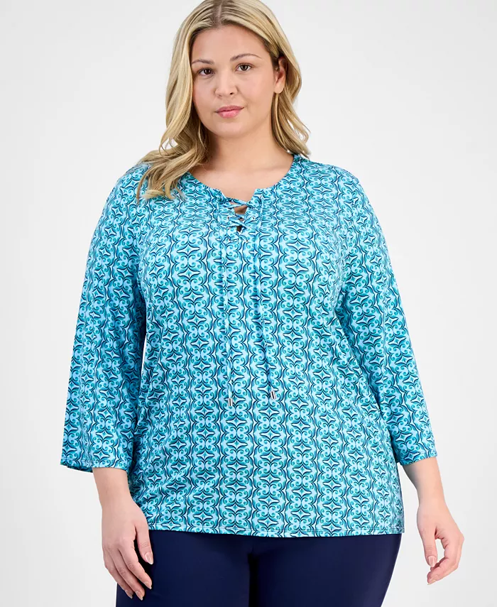 

Топ с принтом и шнуровкой на горловине Plus Size JM Collection, зеленый