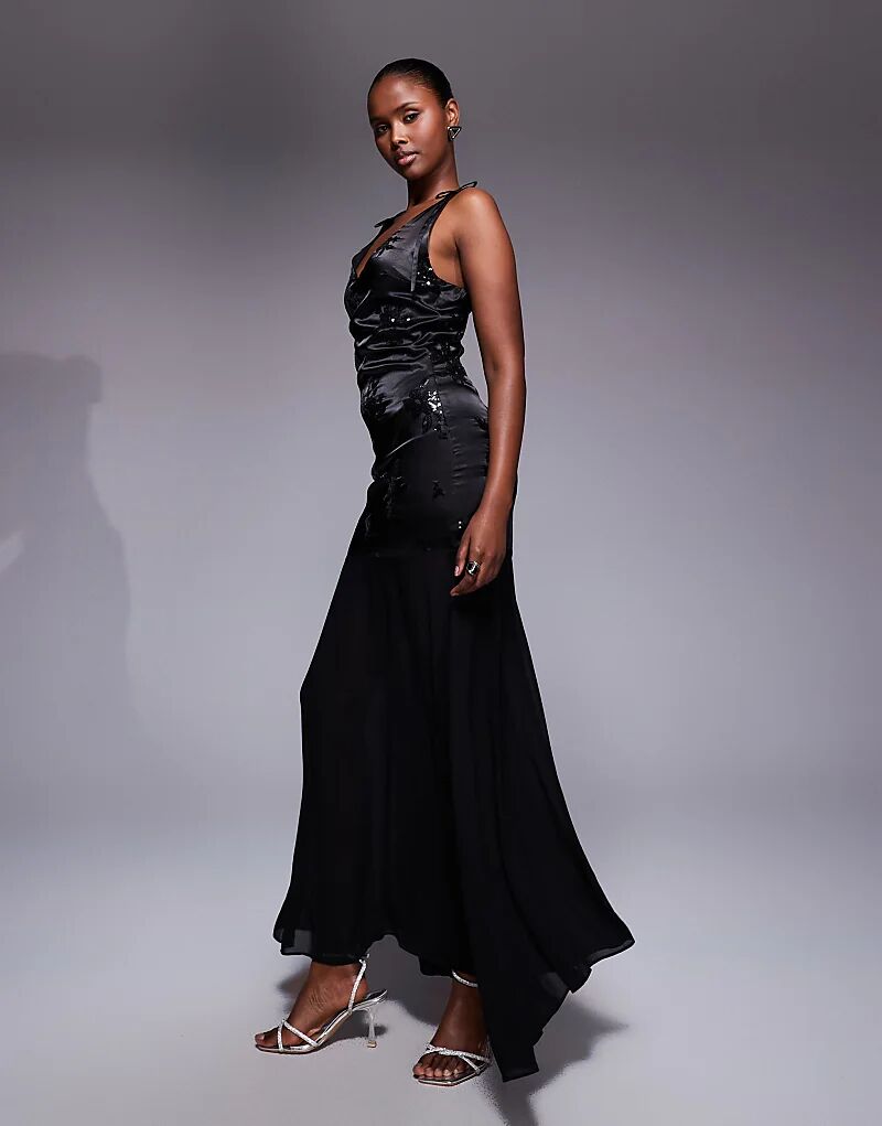 

Платье макси TFNC с вышитыми пайетками и шифоновой юбкой из черного атласа