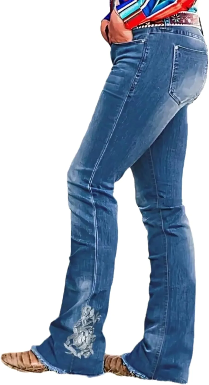 

Джинсы Bootcut для женщин с цветочной вышивкой Mid Rise Stretchy Raw Hem Wide Leg QLAUYIOE