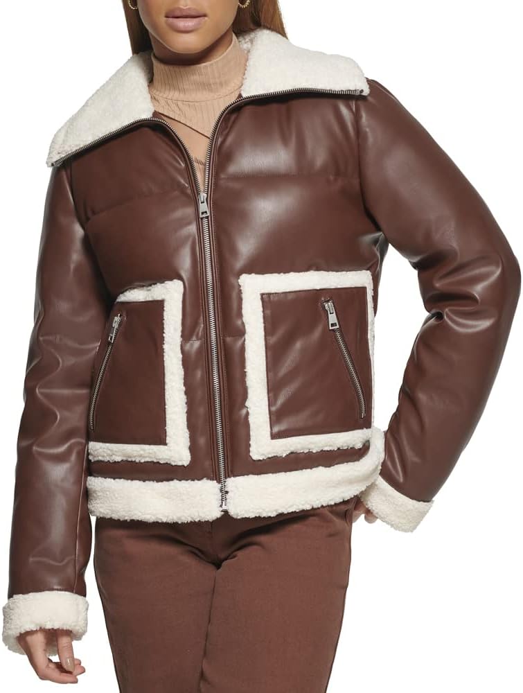 

Levi's Женская пуховик Breanna с искусственным мехом, Brown Faux Leather Sherpa Pocket