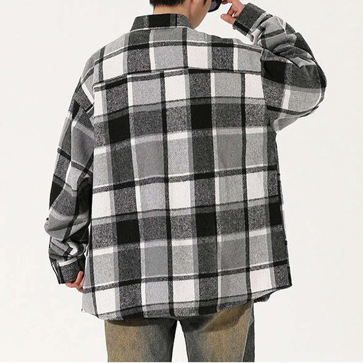 Фланелевая рубашка для мужчин Vintage Plaid с длинным рукавом, шакат, мужская повседневная на пуговицах, осенняя легкая рубашка-куртка, удобная generic, серый — фото 3