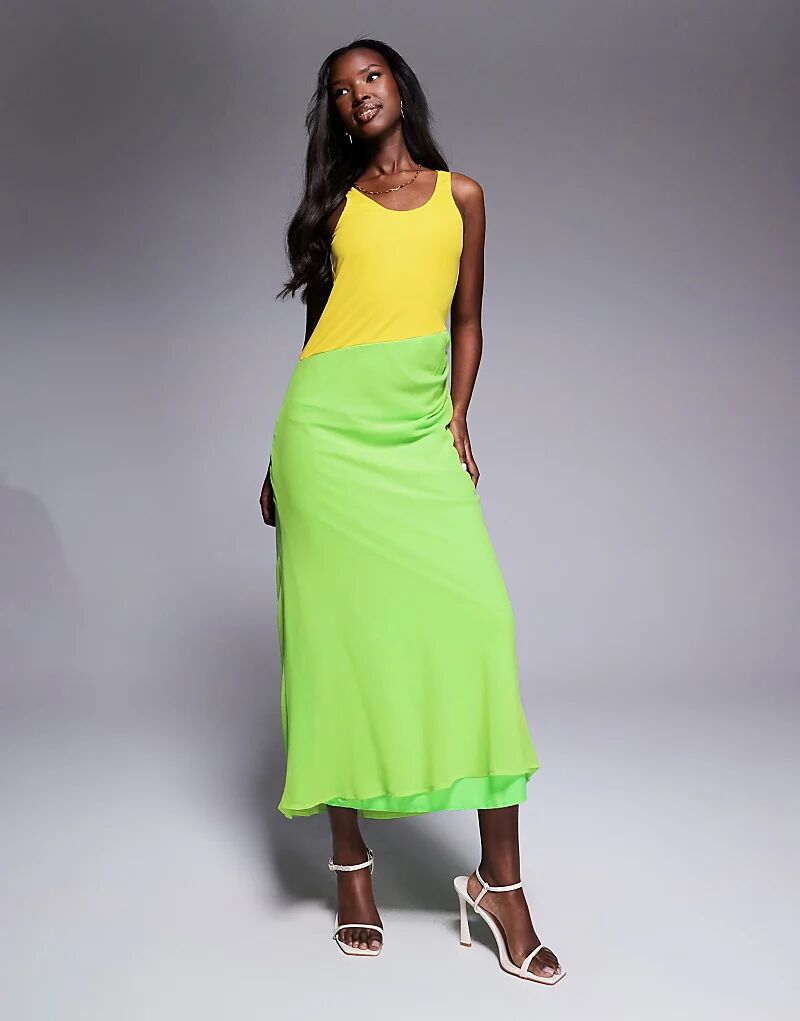 

Платье макси ASOS DESIGN с круглым вырезом-борцовкой и шифоновой юбкой в зелено-желтой цветовой гамме