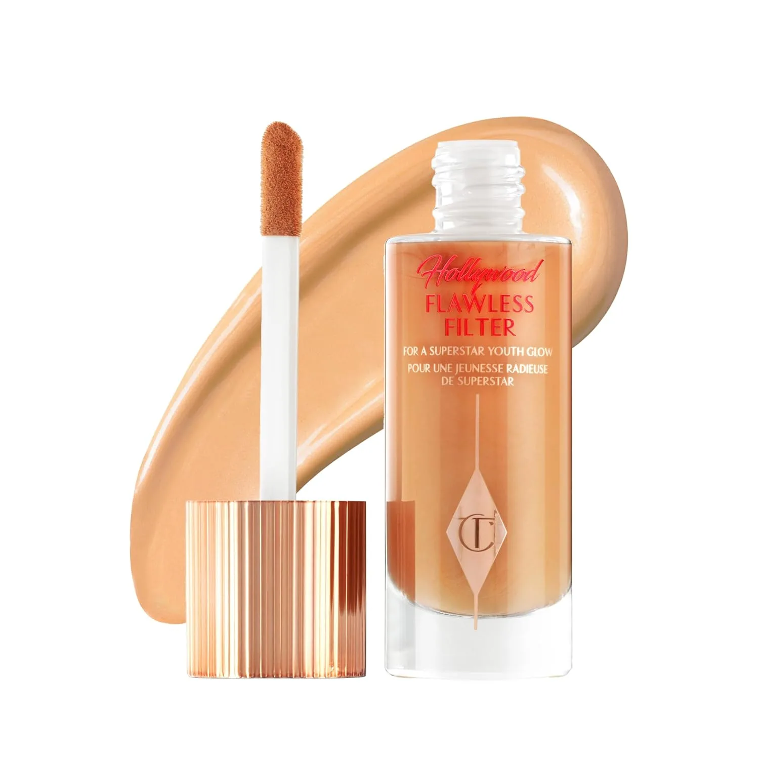 Charlotte Tilbury Hollywood Flawless Filter - универсальный праймер, бустер для сияния и жидкий хайлайтер с легким покрытием для гладкой кожи, 5 Tan - Golden peach shade for tan skin tones