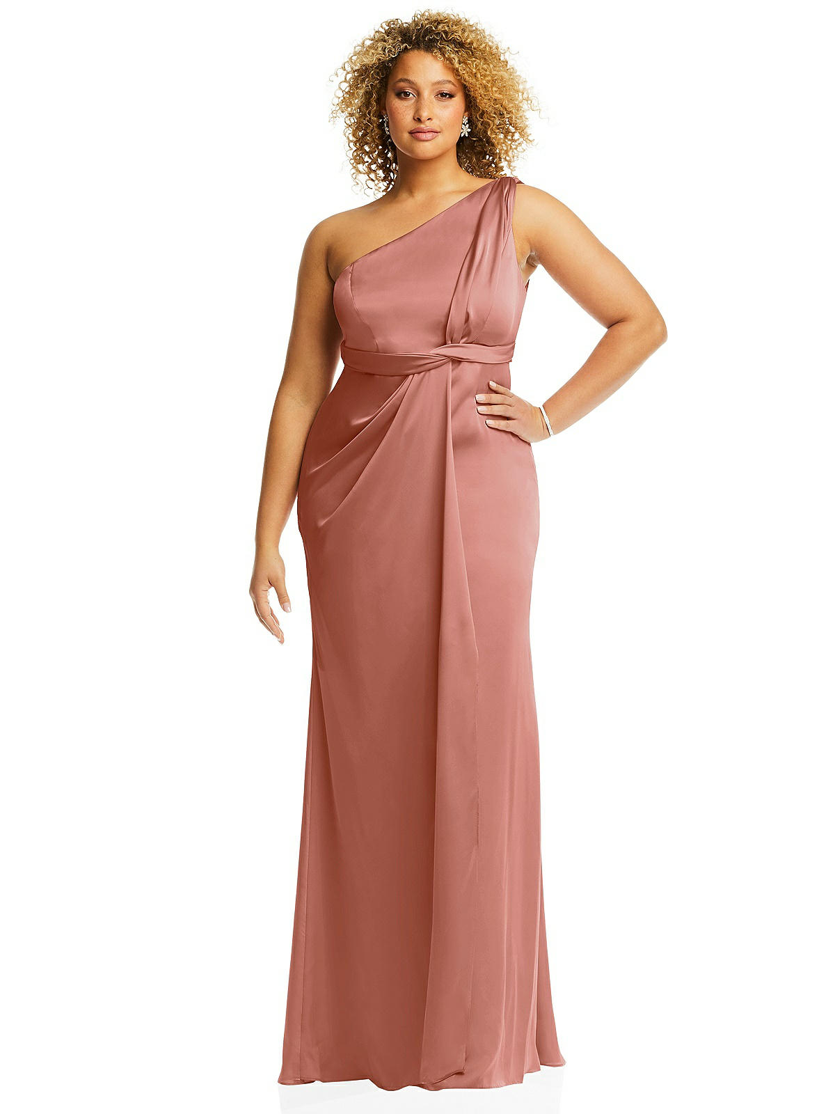 

Платье-труба на одно плечо с драпировкой и завышенной талией Dessy Collection, цвет desert rose