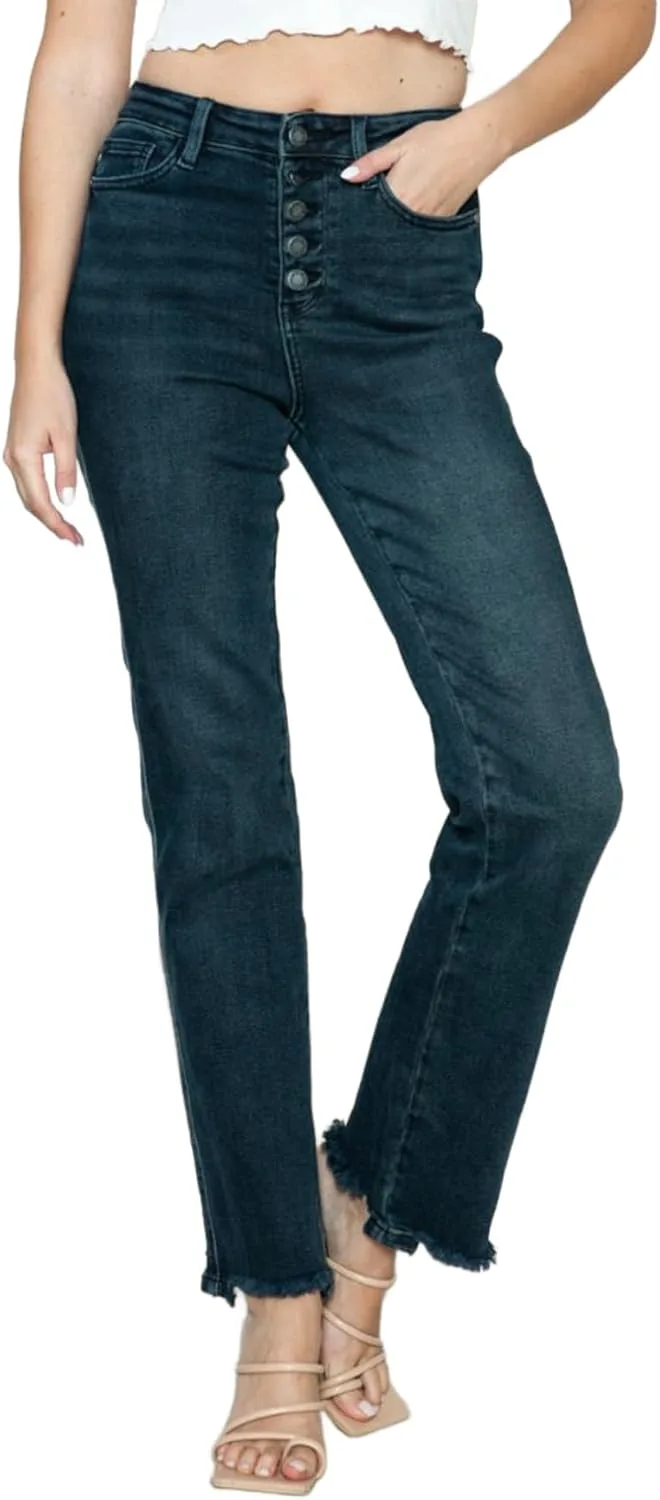 

Judy-B женские джинсы casual с застежкой на пуговицах, прямой крой, темная стирка, рваный подол Yanhoo