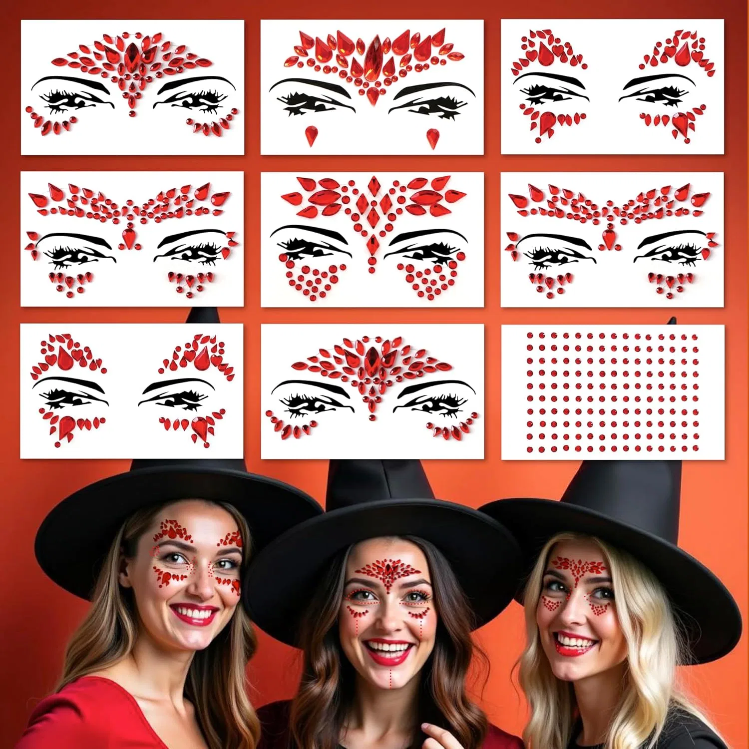 Самоклеящиеся стразы для лица Face Gems 9 шт красные
