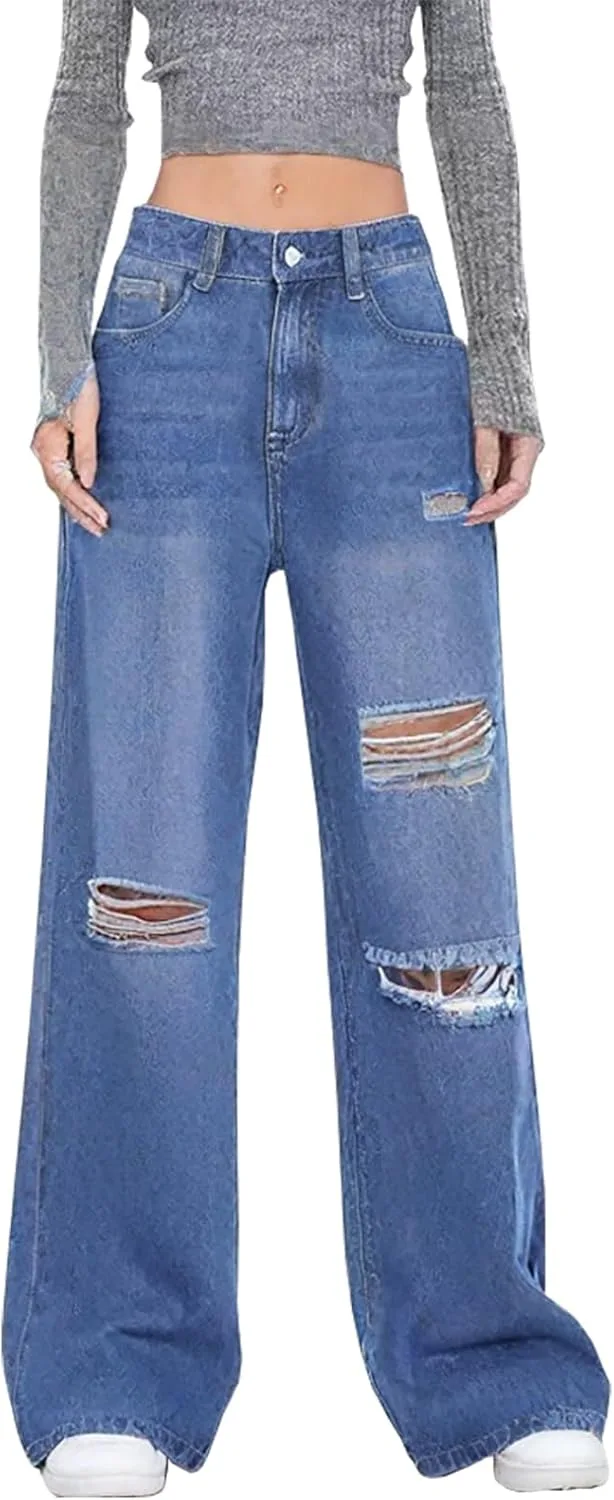 

Джинсы женские широкие distressed high waisted loose ripped boyfriend DLAYBGFA