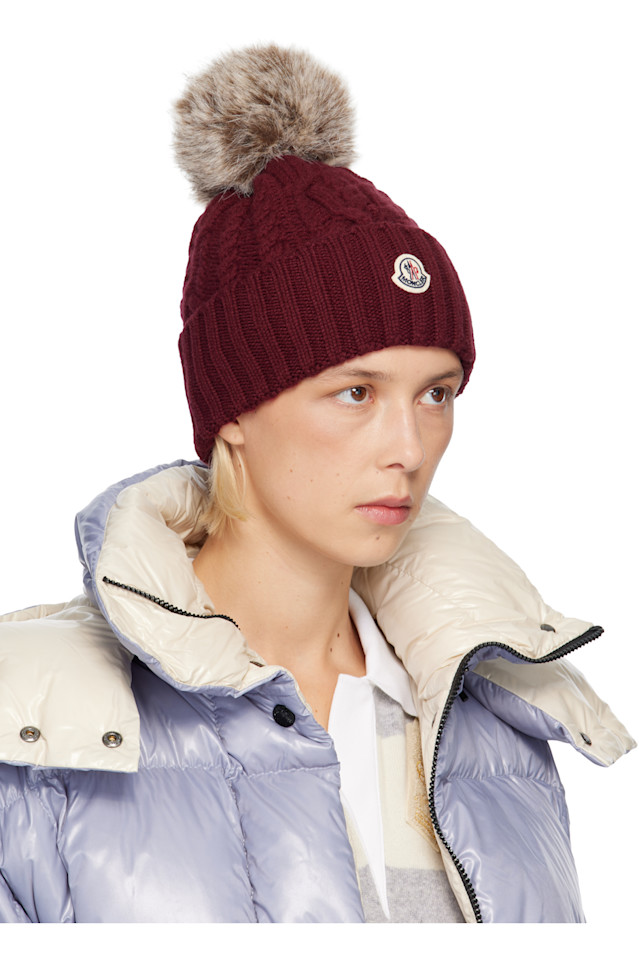 Moncler Шапка-Бини из бордовой кашемировой смеси с помпоном — фото 2
