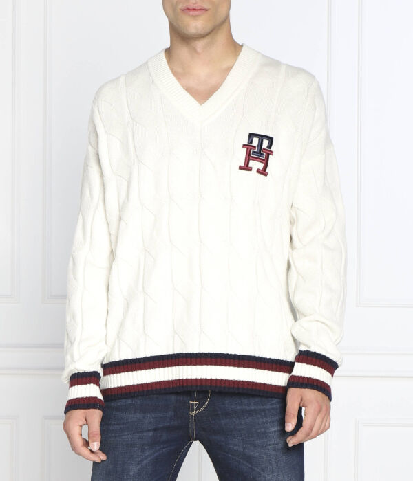 

Шерстяной свитер с монограммой и узором «скрикет» Oversize fit Tommy Hilfiger, бежевый