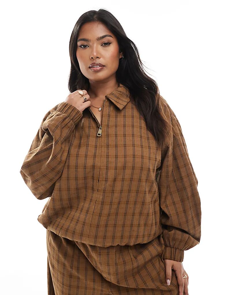 

Куртка-комбинезон ASOS DESIGN Curve с подолом-пузырьком в горчичной клетке