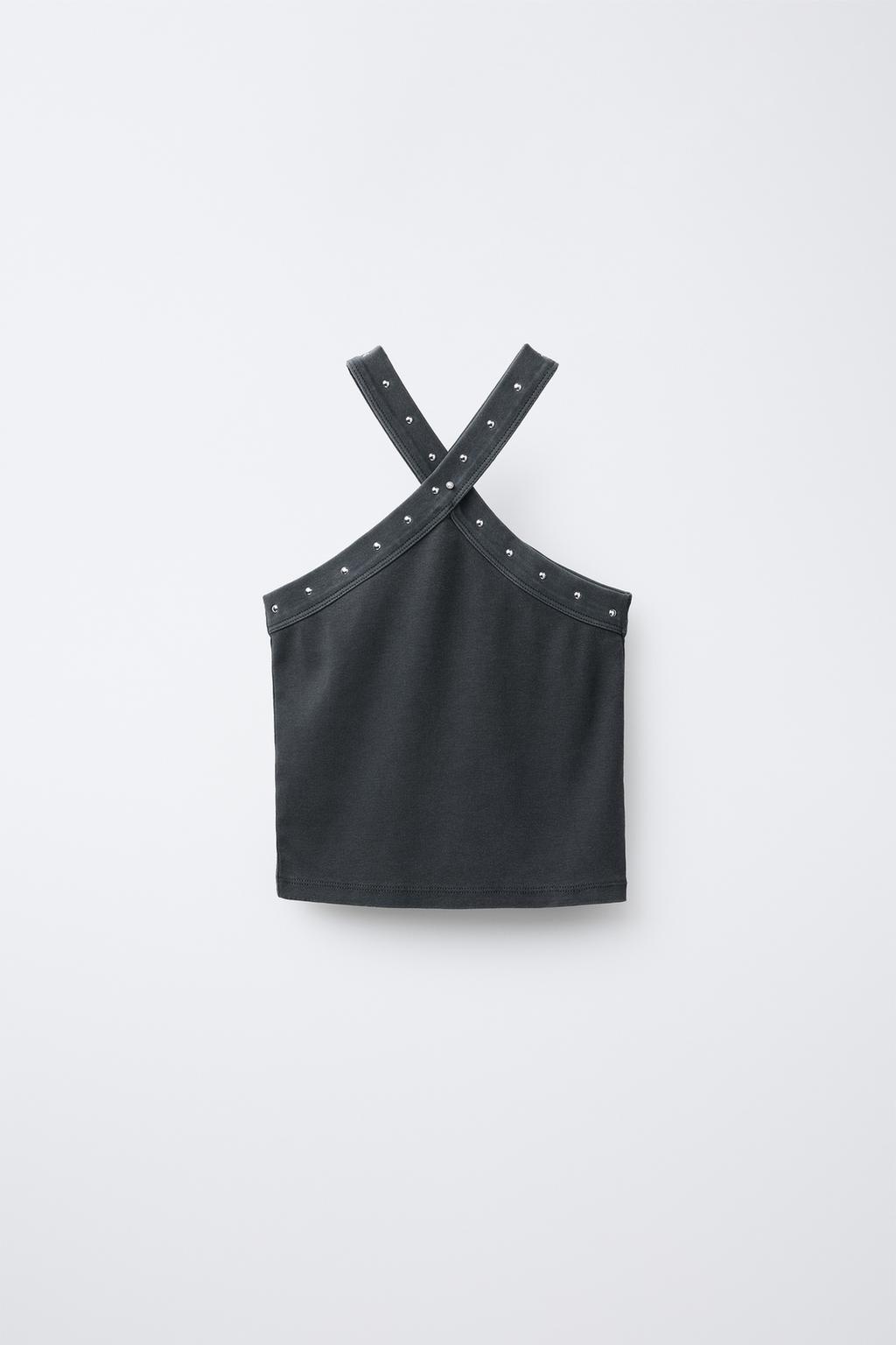 

Короткий топ с эффектом стирки и заклепками ZARA, антрацитовый серый