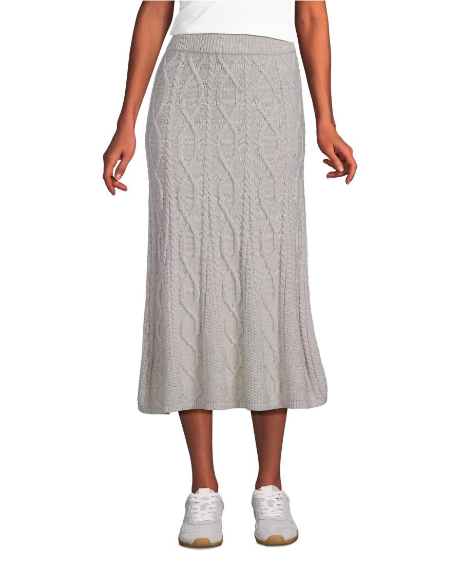 

Женская уютная пышная юбка-свитер миди с косами и оборками Lands' End, Oatmeal tan heather