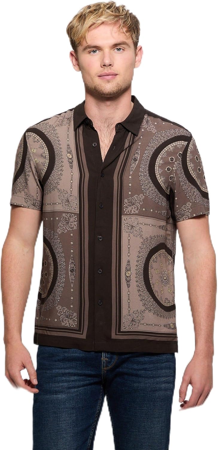 

Рубашка GUESS Mens с коротким рукавом из эко-вискозы с медальоном, Block Medallion Brown