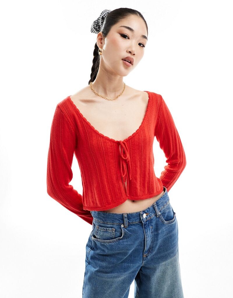 

Красный укороченный кардиган с завязками спереди ASOS