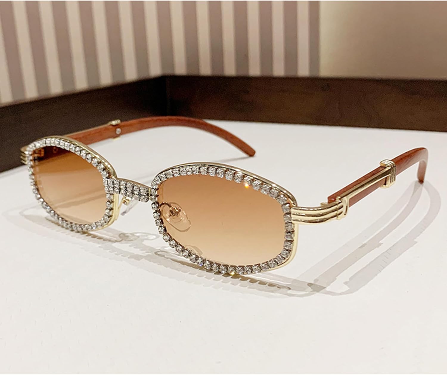 

Солнцезащитные очки bullabulling Diamond Square для мужчин и женщин, роскошные дизайнерские, в деревянной оправе, со стразами, в стиле панк, с защитой от УФ-излучения UV400, Gold/Tea