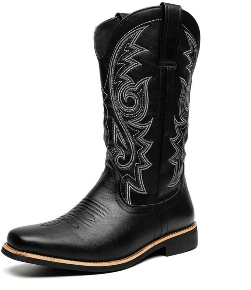 

Мужские ковбойские сапоги вестерн высокого верха из натуральной кожи, модная и прочная обувь для повседневной носки на улице, родео, фестивалей и выступлений Ctkvbmeoi, черный