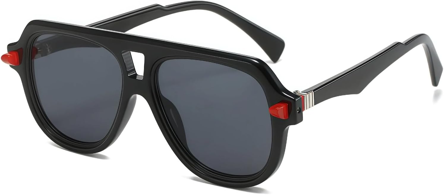 

Ретро-солнцезащитные очки-пилот с двойной перемычкой для мужчин и женщин, в стиле панк с заклепками, защита от УФ-излучения UV400, в комплекте кожаный чехол LSXHASGLD, Black/Black-red