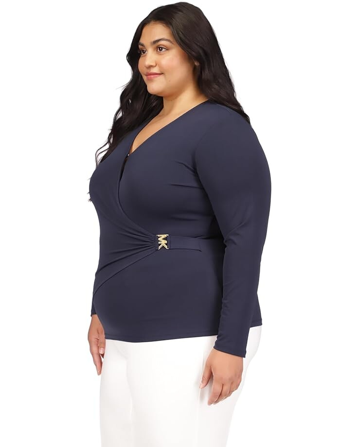 

Топ Michael Kors Plus Size Long Sleeve Hardware Faux Wrap Top, цвет Midnight Blue
