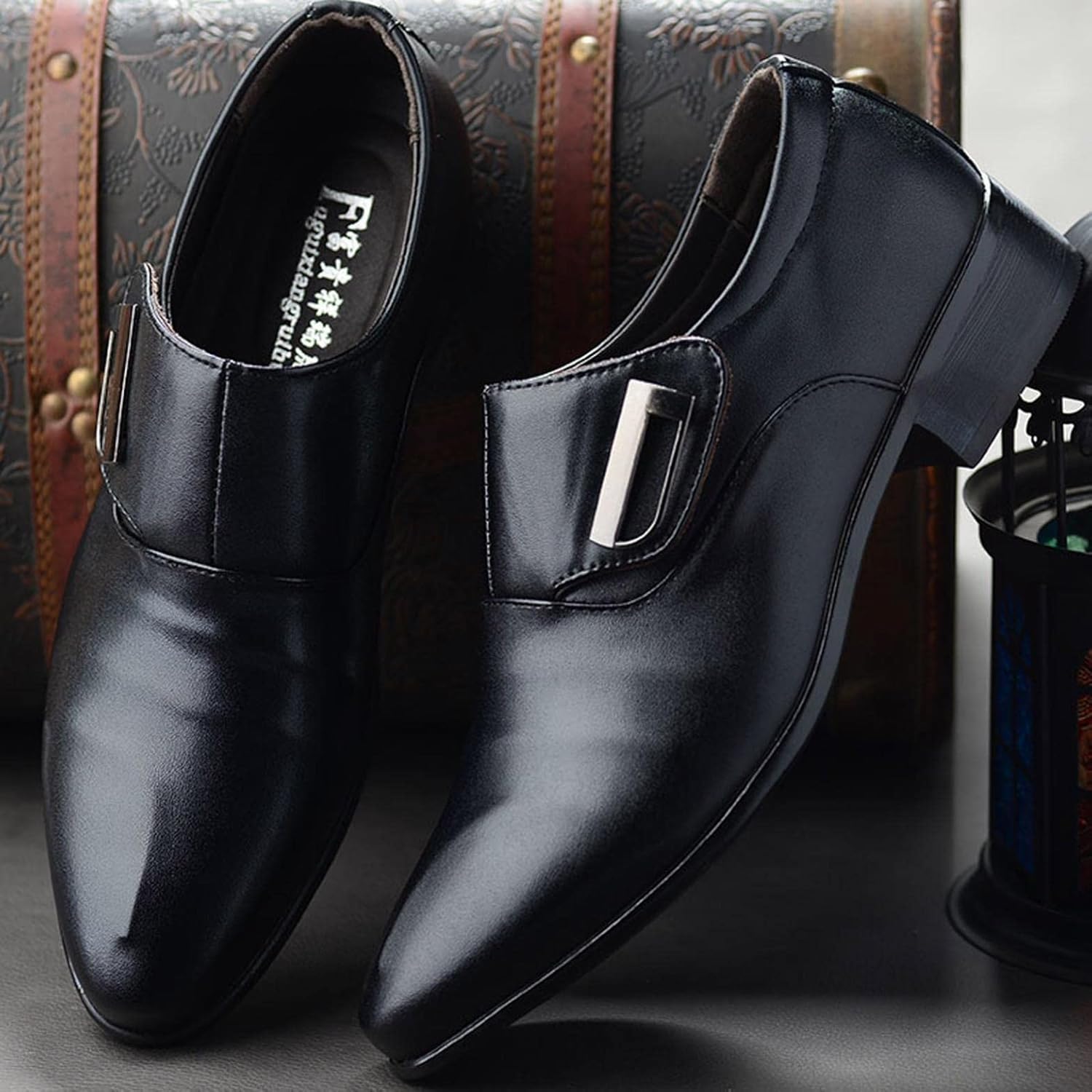 Мужские туфли Hbeylia Dressy Oxford, модные повседневные, простой стиль, кожаные, с заостренным носком, ботильоны до щиколотки, на подкладке, с пряжкой, формальные, для офиса, зимние и осенние, с крыльями, для свадеб и работы, черный — фото 4