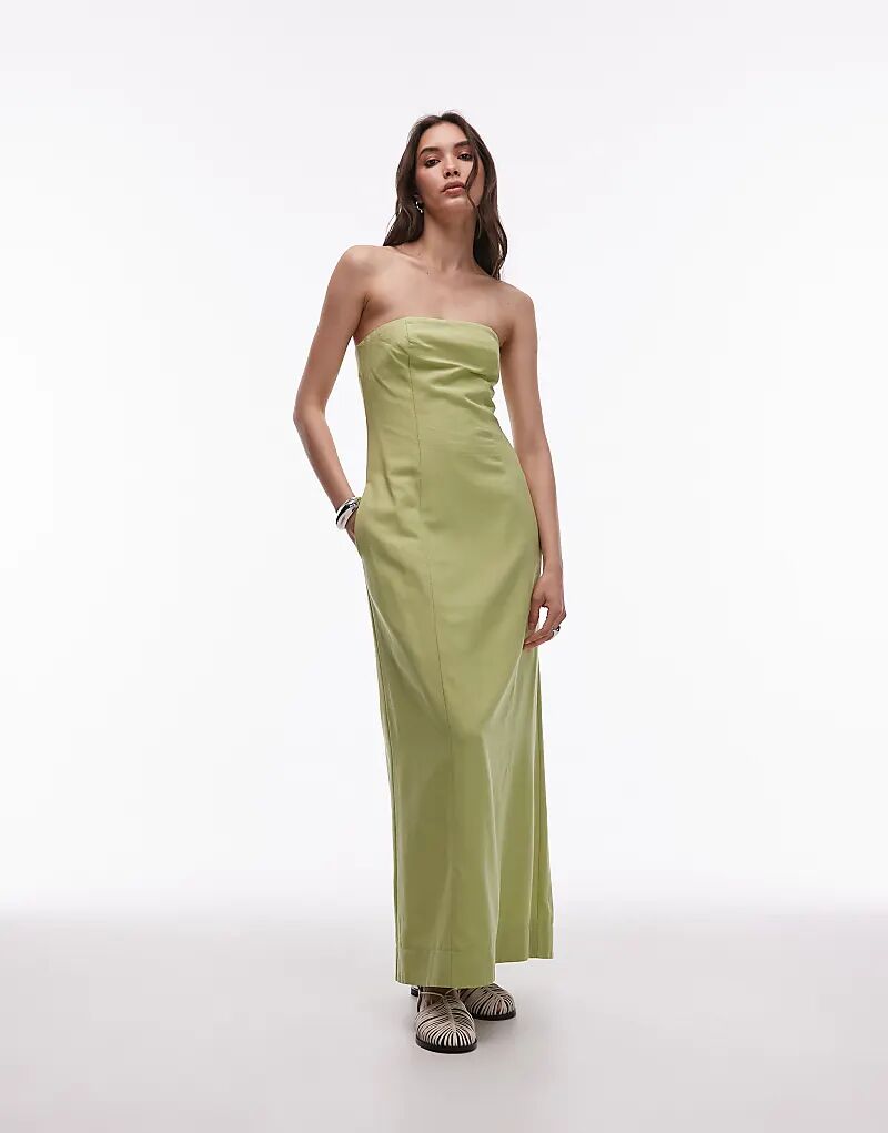 

Платье-бандо миди Topshop из льна с тяжелыми швами фисташкового цвета