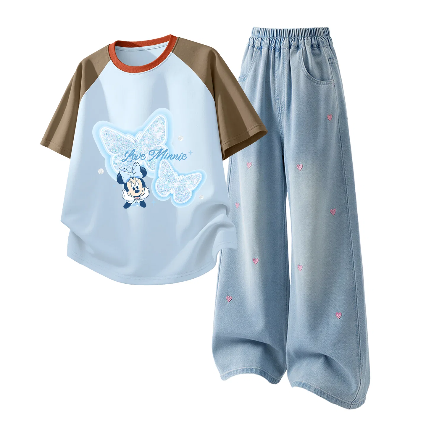 Детская повседневная спортивная футболка с круглым вырезом Disney, Bright Flash Blue Brown+Solid Color Denim Light Blue