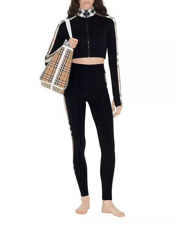 

Укороченный топ из эластичного трикотажа в клетку с застежкой-молнией Burberry, черный