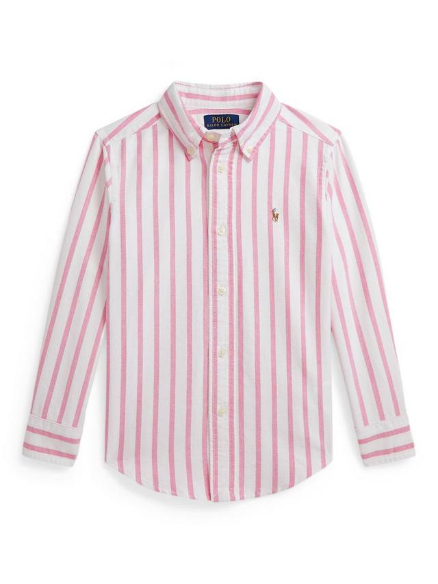 

Детская поло из хлопка с длинным рукавом и полосками Ralph Lauren, Pink/White