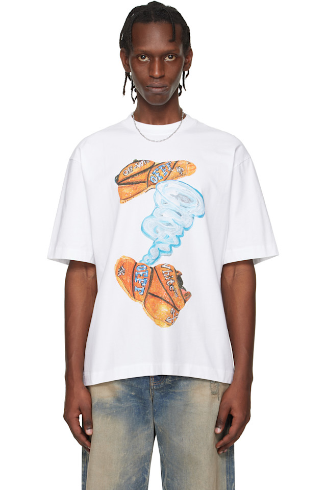 

Off-White Белая футболка с изображением Грегори Шимады, выполненная в диагональном стиле