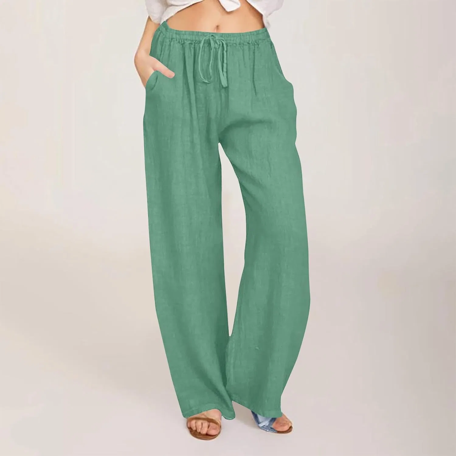 Брюки повседневные со шнурком, из льна, Mint Green — фото 2