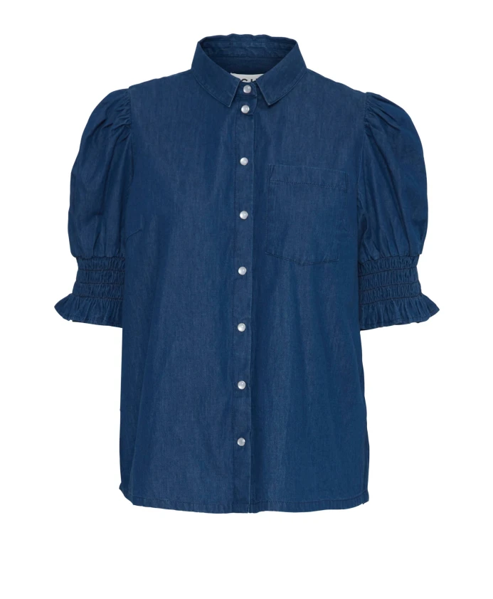 

Темно-Синяя блузка с эффектом потертости и пышными рукавами. Ichi, синий