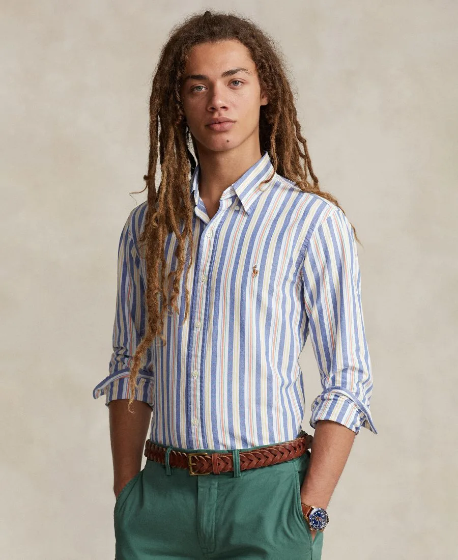 Мужская полосатая рубашка Оксфорд, сшитая на заказ Polo Ralph Lauren, синий