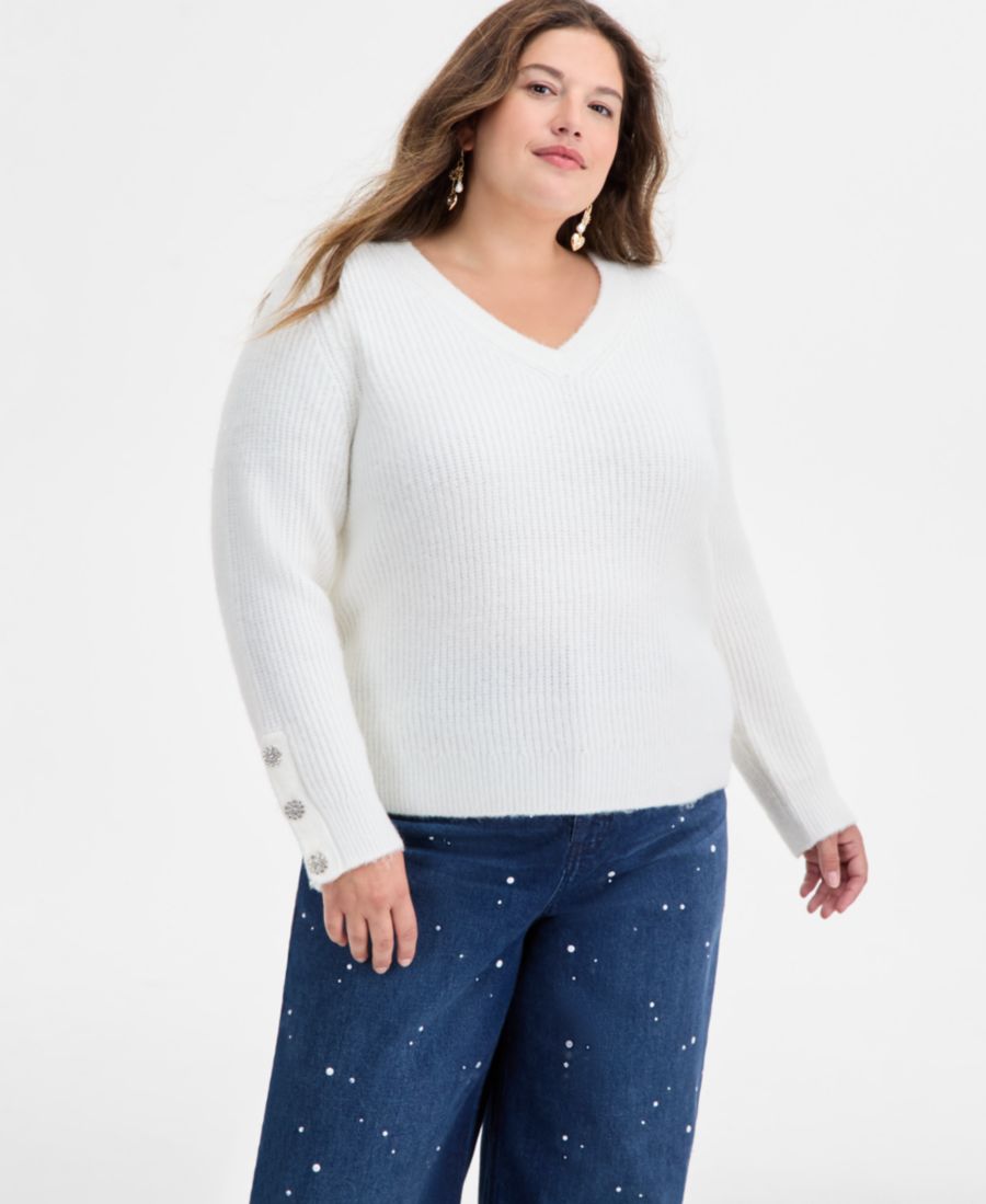 

Модный свитер больших размеров с декорированными манжетами, эксклюзивно представлен в Macy's On 34th, Winter Ivory