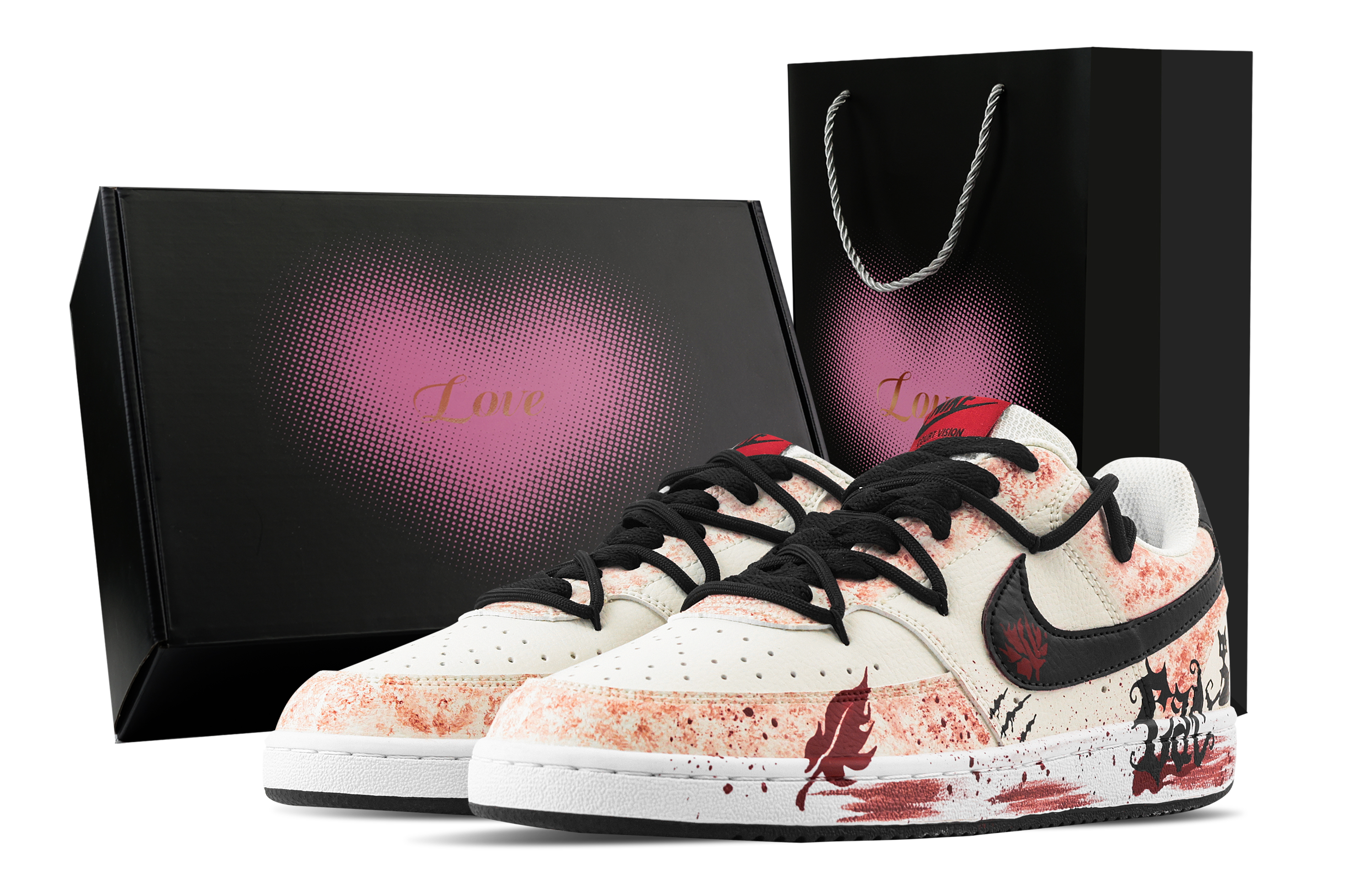 

Nike Кроссовки Court Vision 1 Blood Red Black Cat, Heart Box, устойчивые к истиранию, низкие, для скейтбординга, мужские, белые, красные