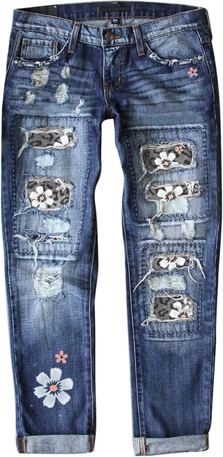 Джинсы с заплатками, Women's Distressed Ripped Boyfriend Jeans, Grey