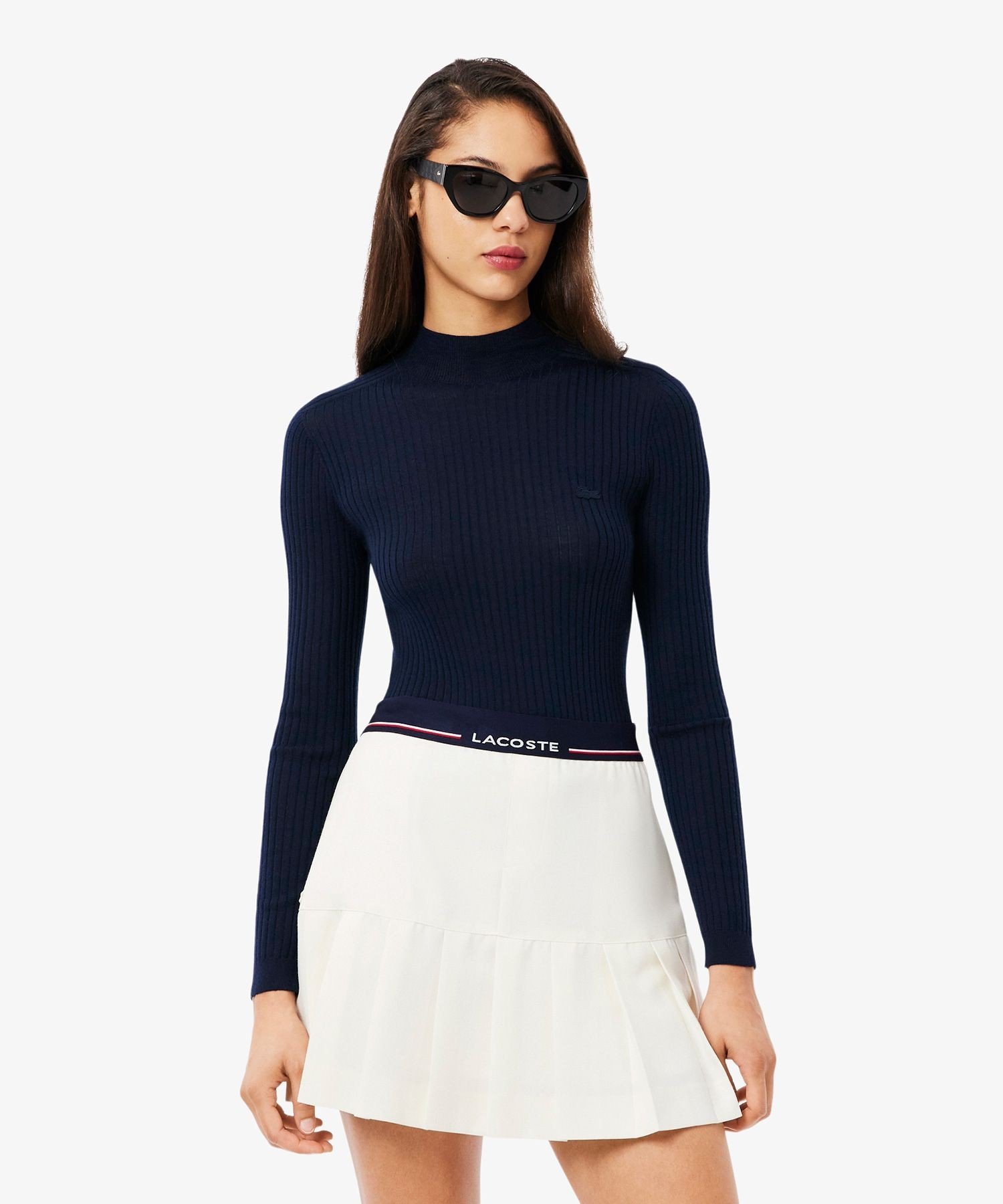 Свитер Lacoste, вязаный из мериносовой шерсти, 3D-вязание, высокий воротник, Navy