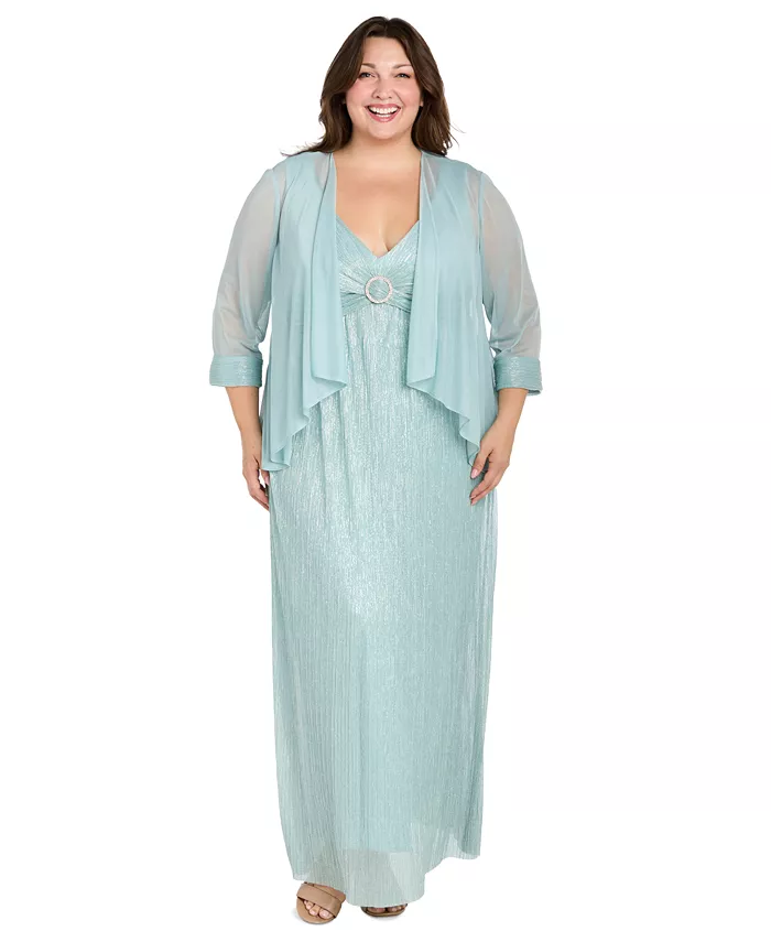 

Комплект Plus Size: жакет и платье с эффектом креш R & M Richards, зеленый