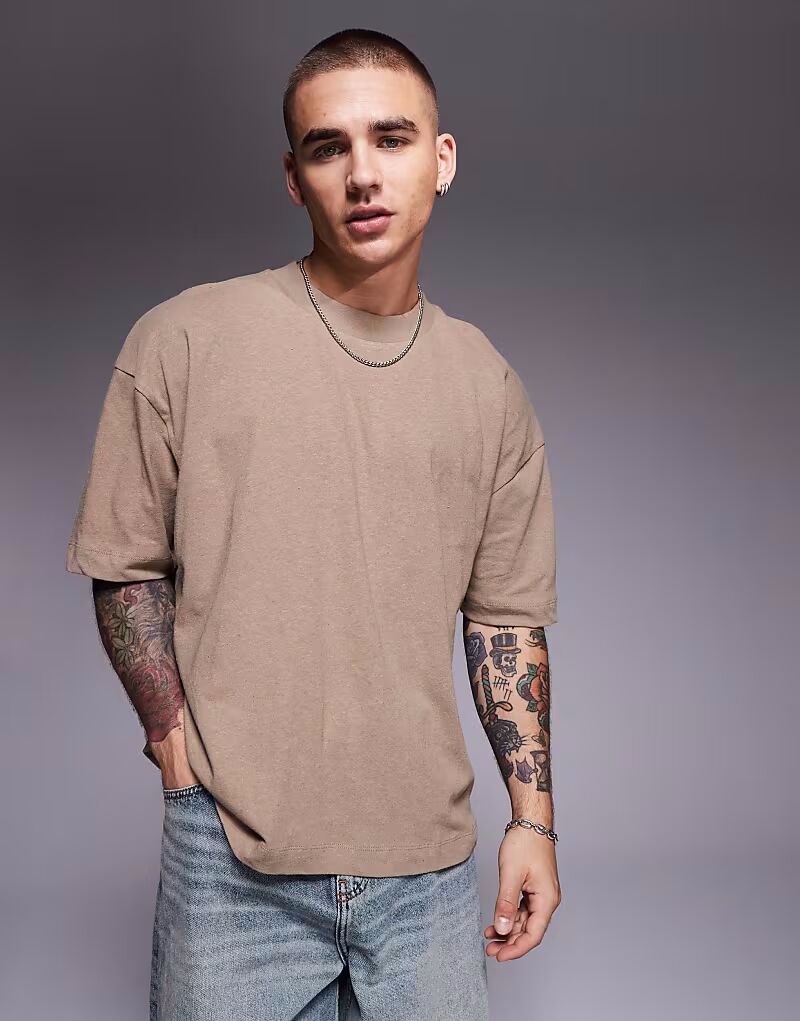 

Футболка свободного кроя ASOS DESIGN из смеси льна и льна цвета «камень»
