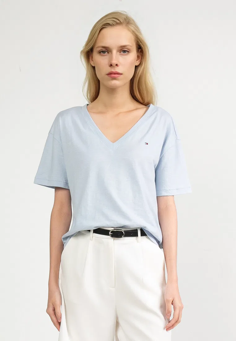 Топ женский, с V-образным вырезом и коротким рукавом, Slub Crop Tommy Hilfiger, синий