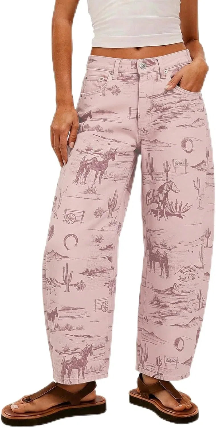 Джинсы с цветочным принтом, Wide Leg, Pink