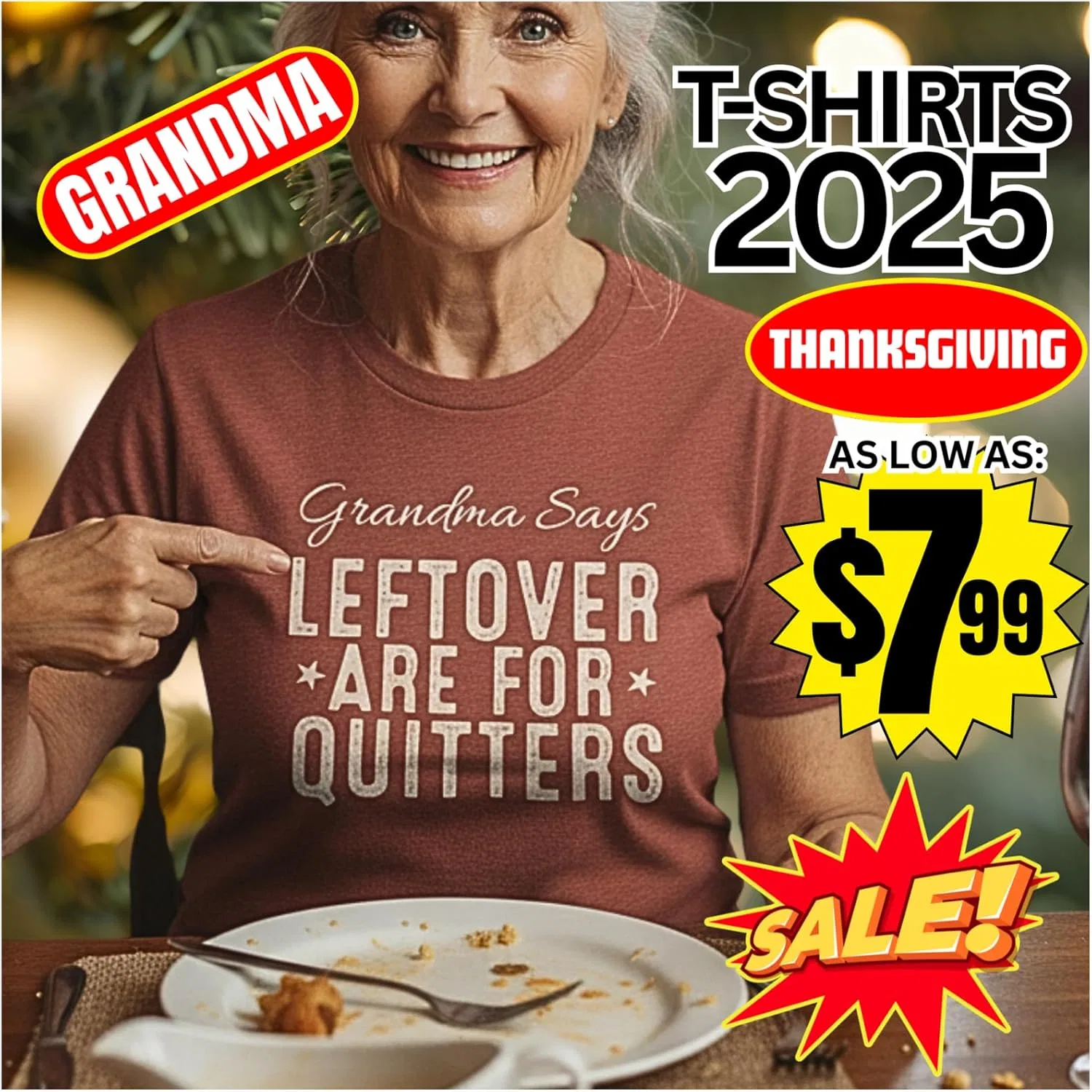 Футболка "Grandma Says Leftovers are for Quitters" - смешная семейная футболка на День благодарения, юмористический подарок для бабушек и дедушек, осенняя праздничная одежда GENERIC, Heather Clay