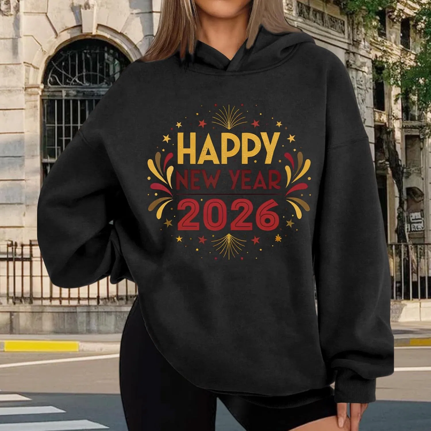 Худи женское с принтом Happy New Year 2026, оверсайз, черное — фото 2
