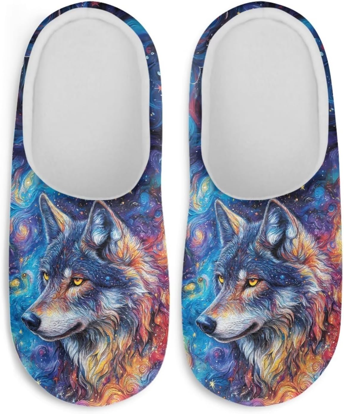 

Домашние тапочки Yuolagixn Plus для мужчин, теплые флисовые тапочки для дома, удобные мягкие домашние обувь, размер 3-12, Wolf Galaxy