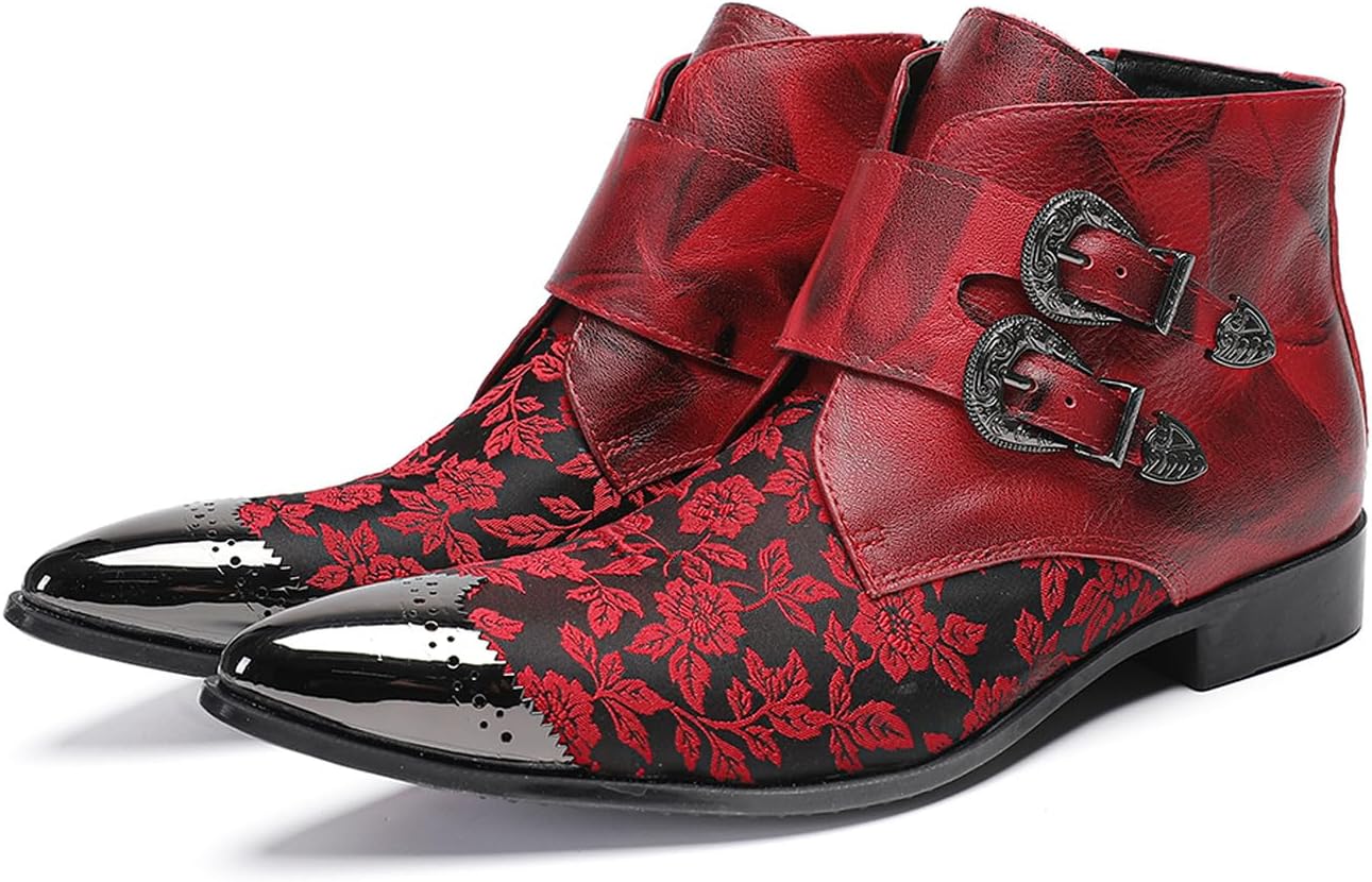 

Мужские винтажные кожаные повседневные ботинки Chelsea Santimon с цветочным принтом - красные ботильоны в ковбойском стиле с монковыми ремнями и металлическим заостренным носком - для бара, свадьбы и вечеринки