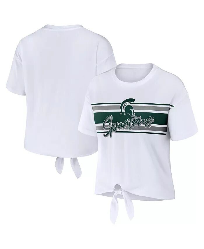 

Белая женская укороченная футболка в полоску с узлом спереди Michigan State Spartans Wear By Erin Andrews