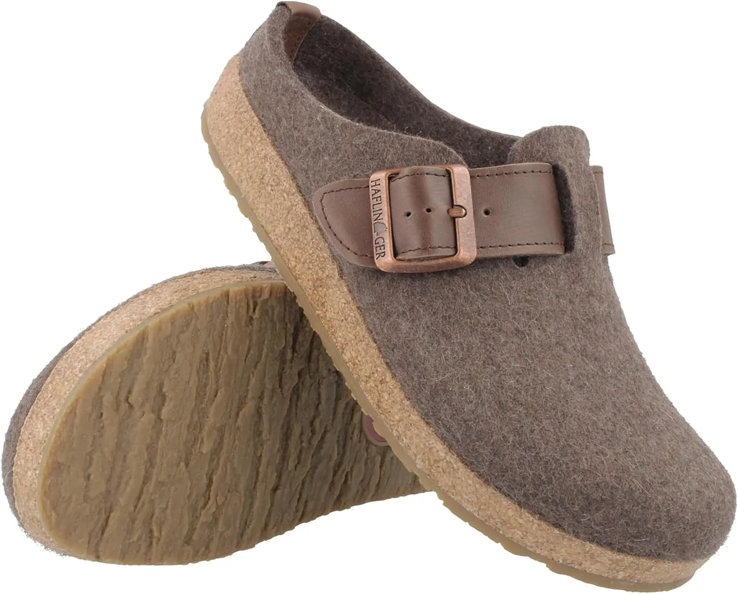Войлочные тапочки HAFLINGER Grizzly Chicago с резиновой подушечкой и кожаным ремешком с кулиской, унисекс, коричневый — фото 2
