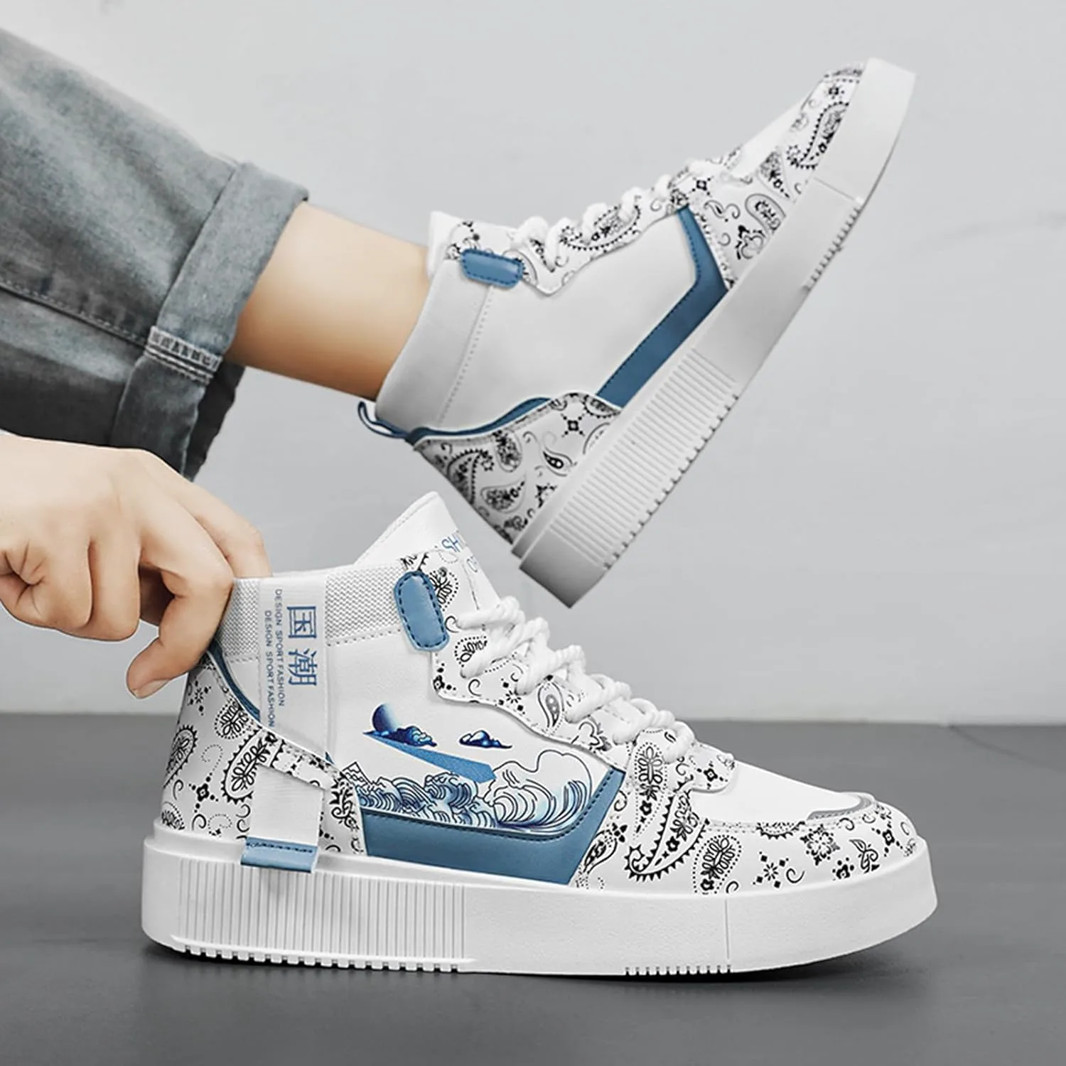 

Мужские модные кроссовки высокие скейт-ботинки стильные уличные кроссовки повседневные прогулочные туфли SPWAGYM, белый/синий