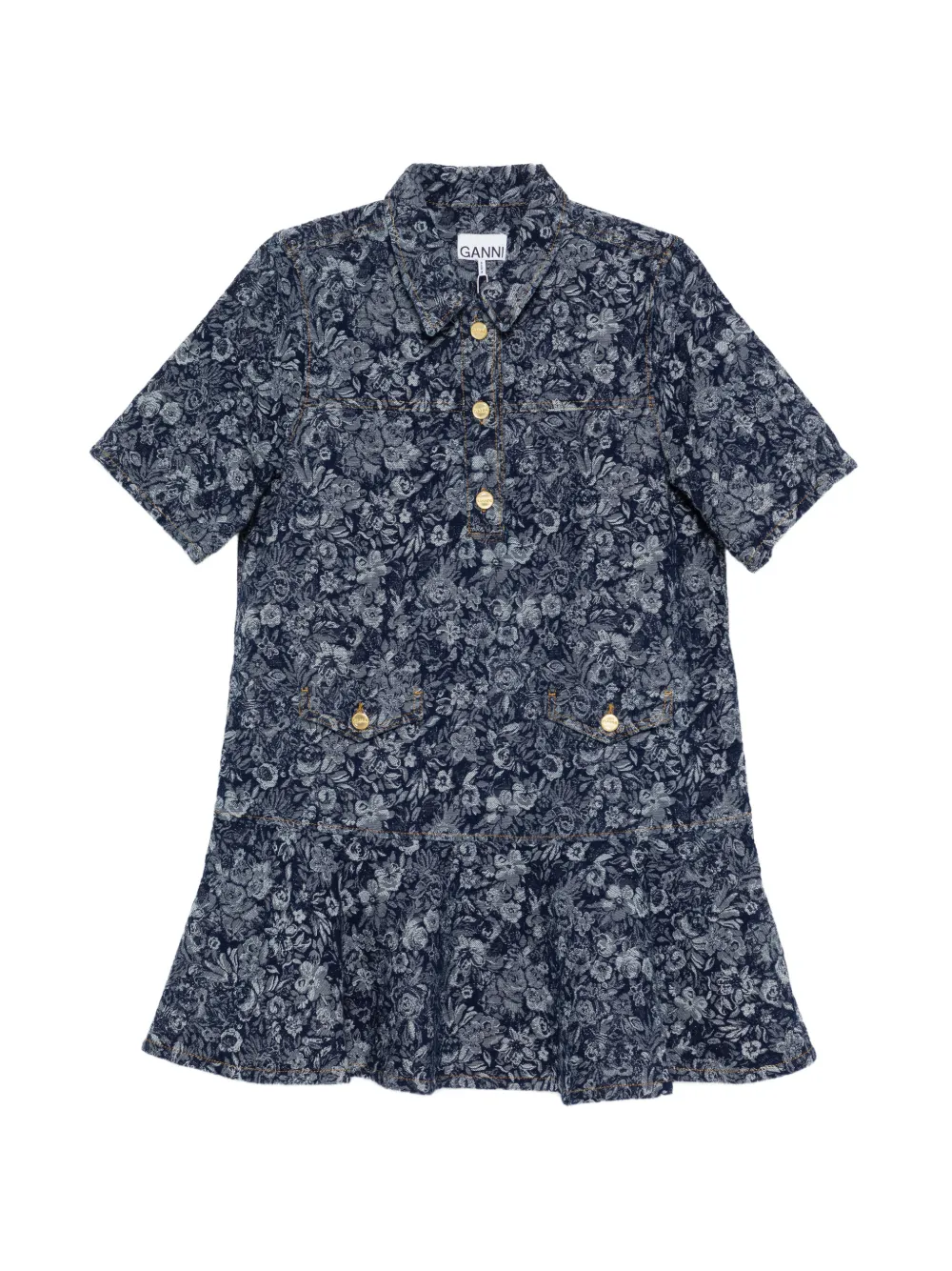 

Платье с цветочным принтом на пуговицах Ganni, синий
