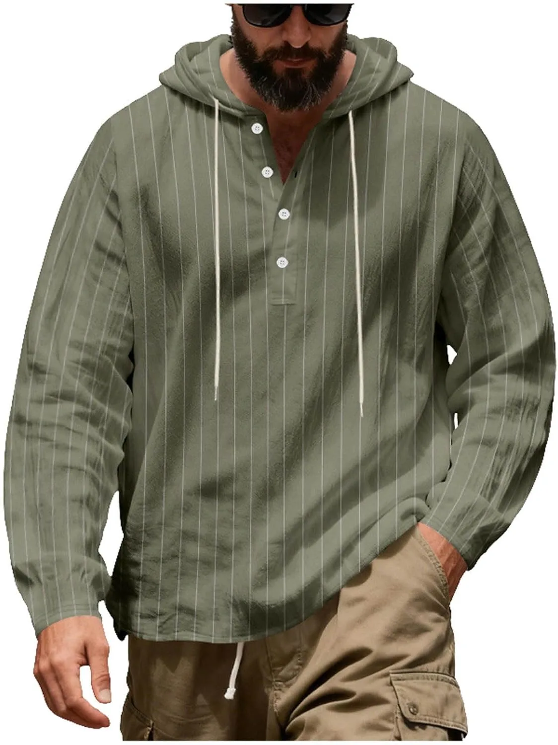 

Летне-осенний лонгслив с капюшоном из льна в полоску, Regular Fit