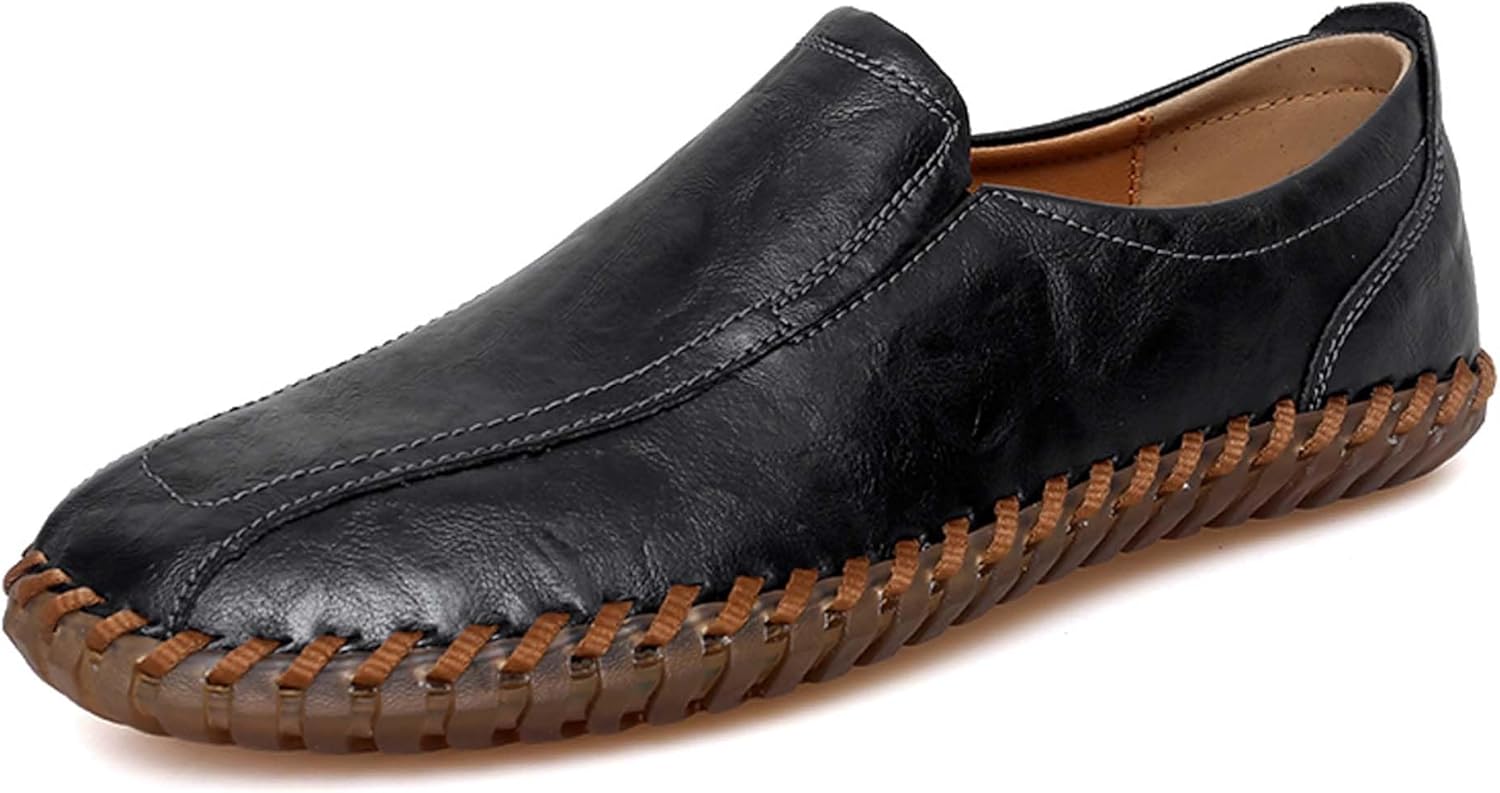 

Мужские лоферы винтажные деловые формальные кожаные туфли без шнурков, противоскользящие, дышащие, повседневные с плоской подошвой, работы и прогулок, ручная строчка Generic, черный