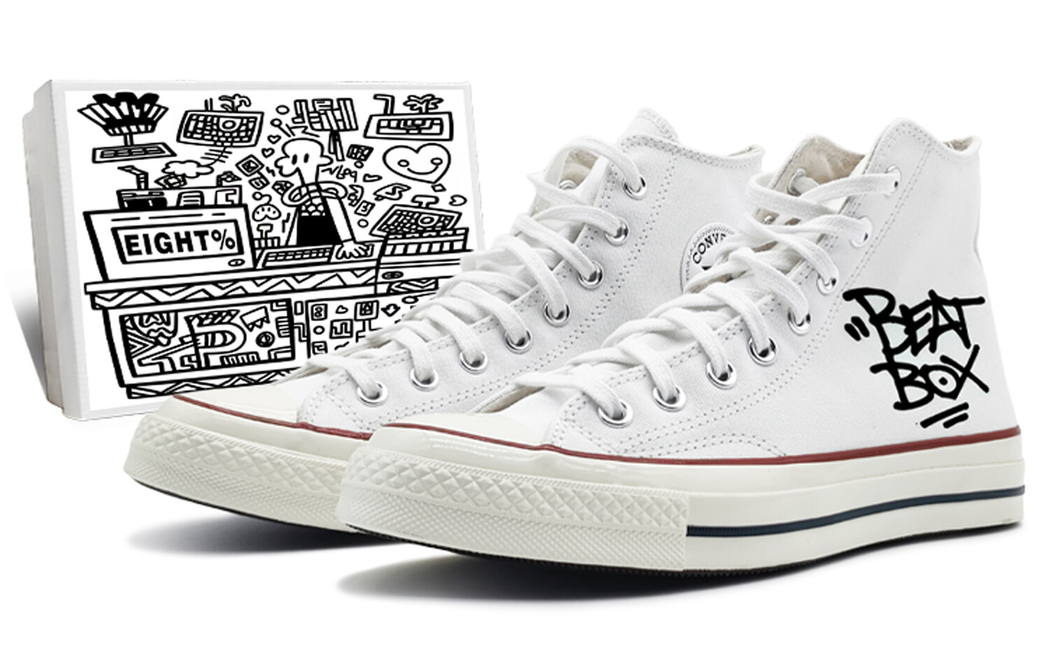 

1970-е годы. Кеды унисекс с высоким берцем, белые/черные/красные. Converse